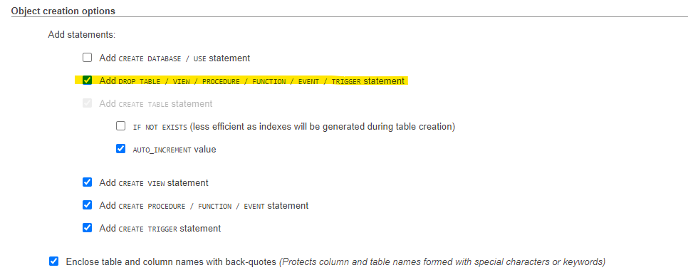 WordPress database table statement set