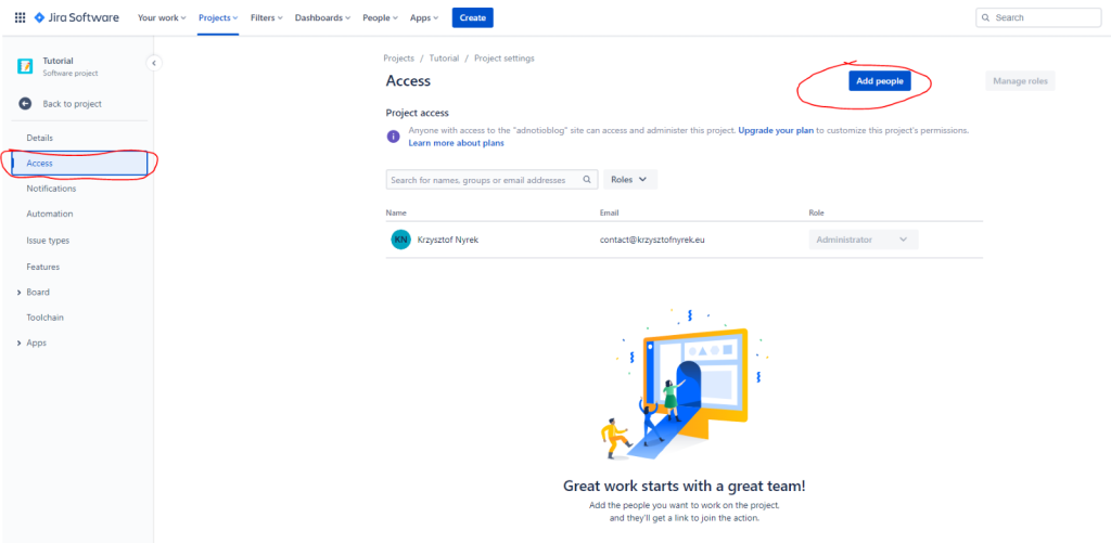 Screen thath allows add people to jira project