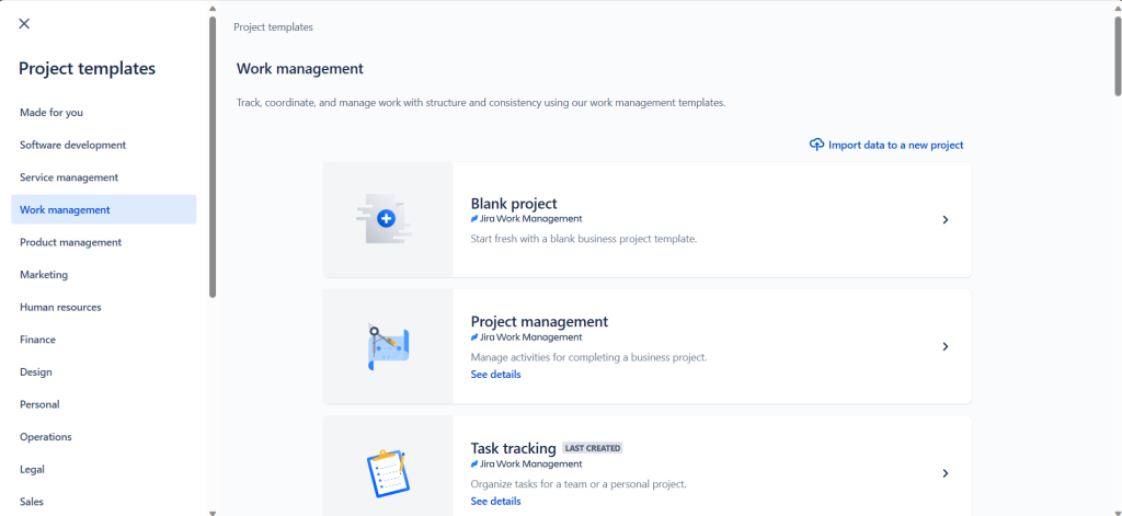 How to use Jira - start new project screen
